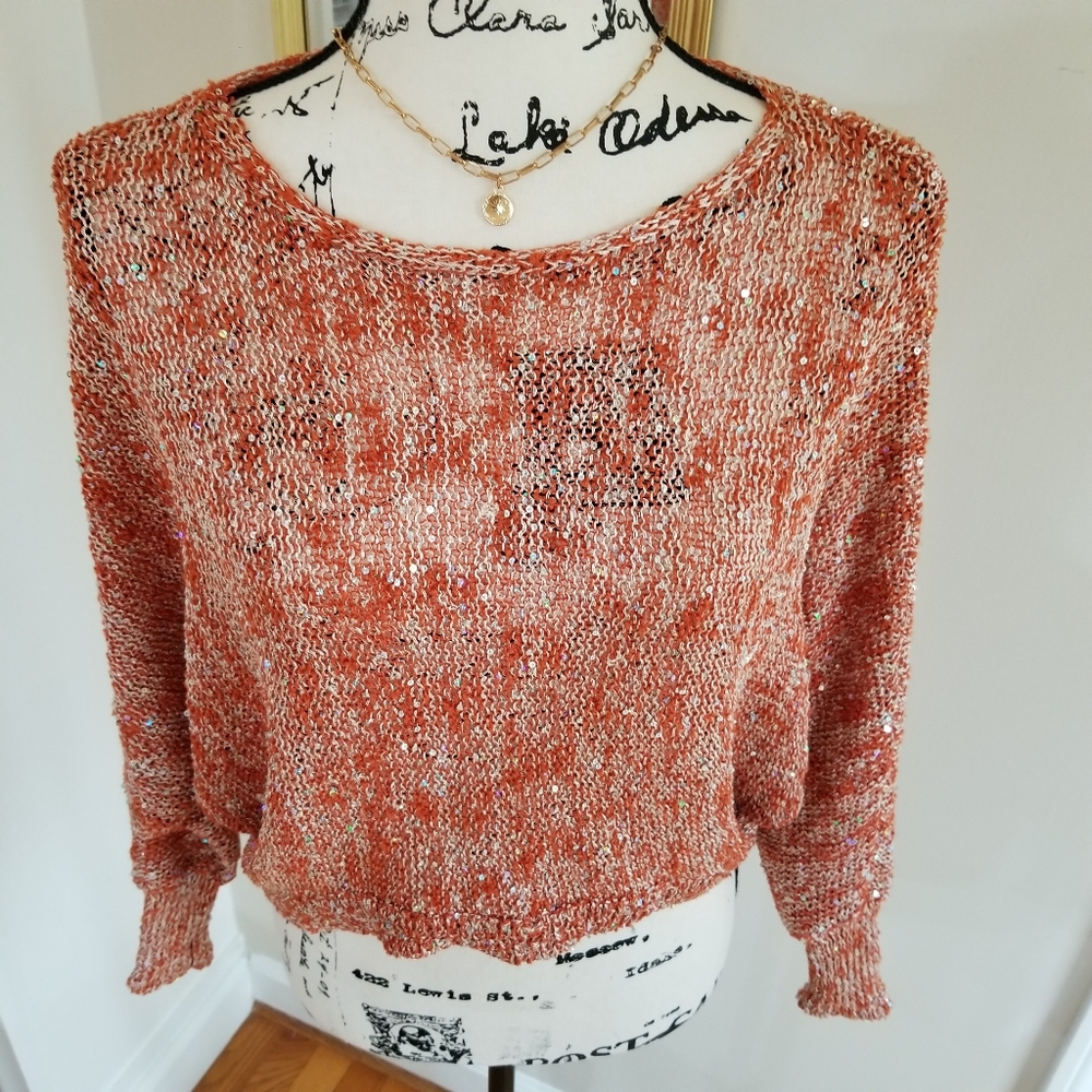 Long Sleeves Blouse With small glitters, Orange red color, SIZE M.
